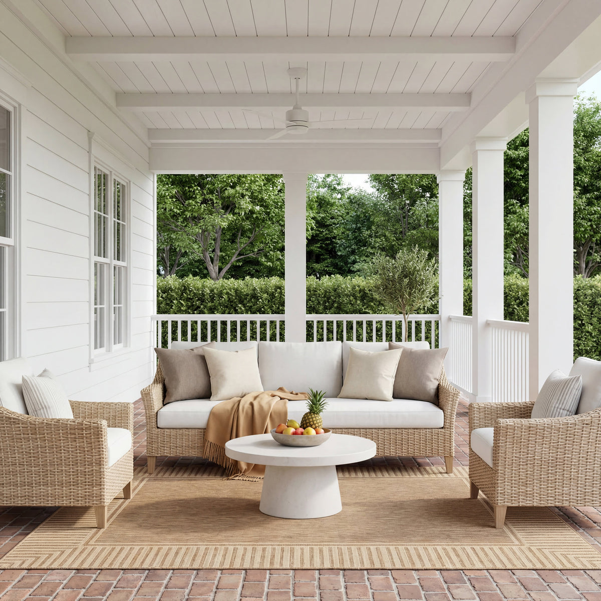 Striped Border Indoor/Outdoor Flatweave Rug | Light Brown