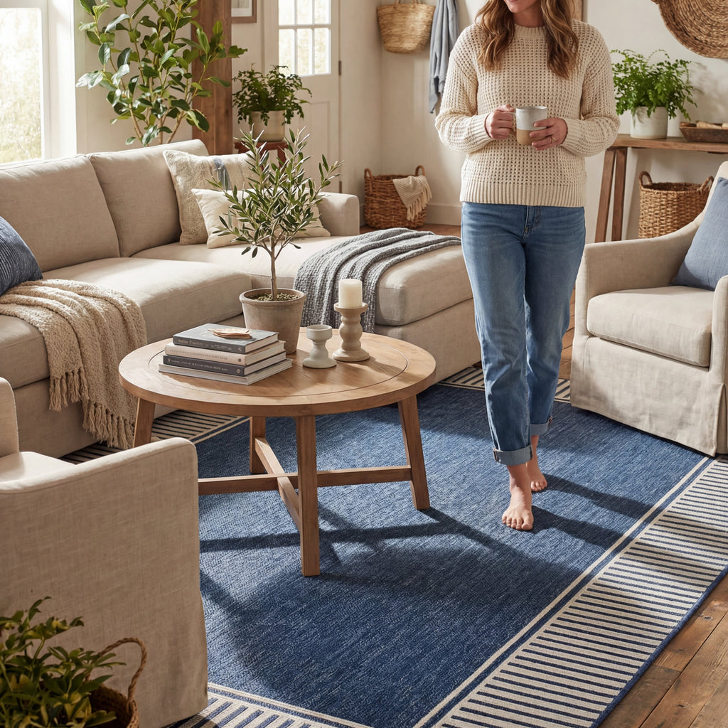 Striped Border Indoor/Outdoor Flatweave Rug | Navy