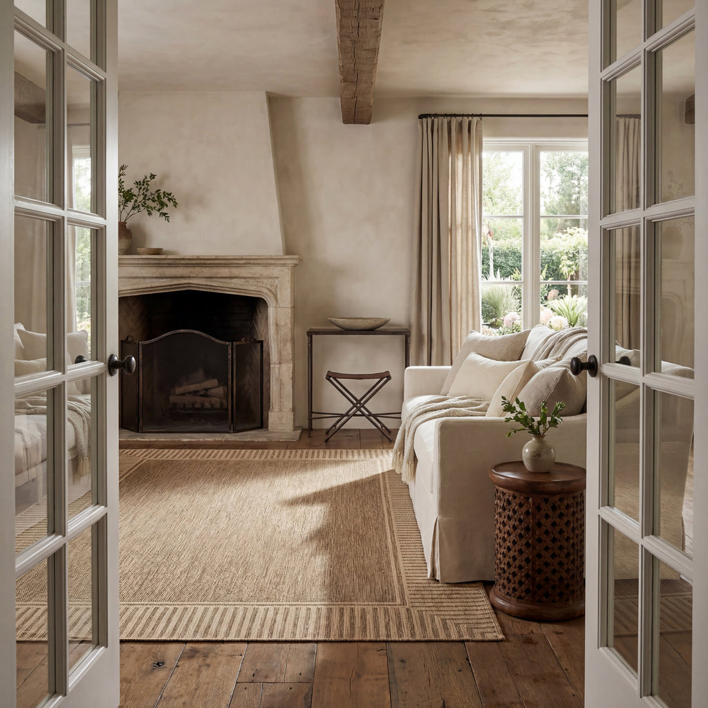 Striped Border Indoor/Outdoor Flatweave Rug | Light Brown